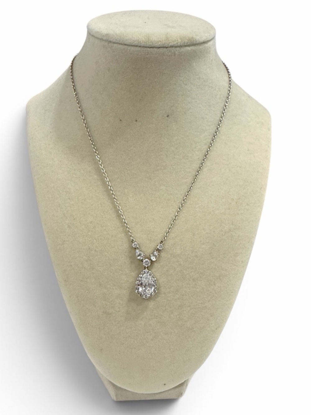 CC 925 Sterling Silver Cubic Zirconia Pear Halo Pendant Drop Y-Necklace